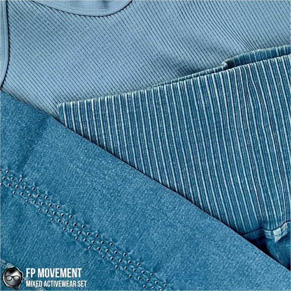 FP MOVEMENT HAPPINESS RUNS STRAPPY BACK CROP TANK + GOOD KARMA LEGGINGS BLUE HUE - Picture 15 of 16